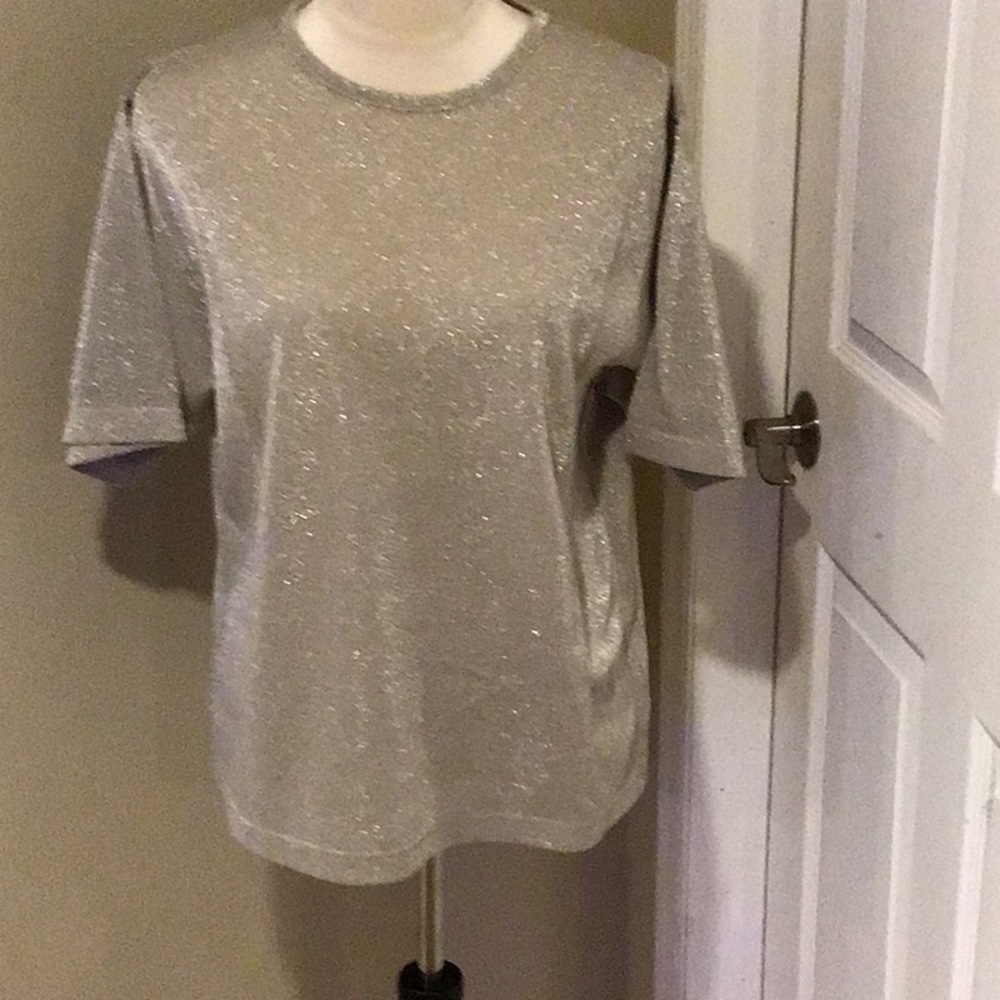 Gold and silver ladies holiday top, size L, short sleeve